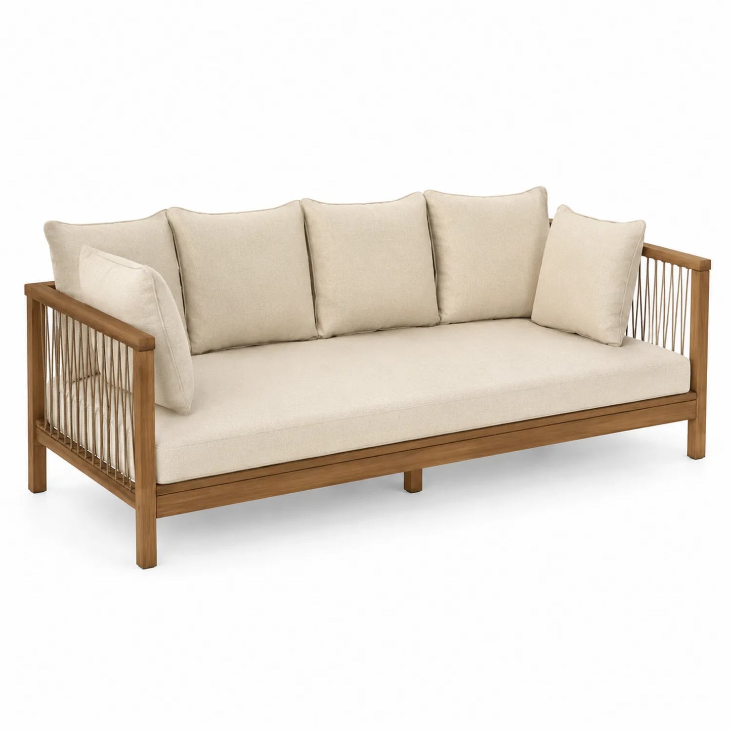 Drewniana sofa z akacjowego drewna z poduszkami beżowa