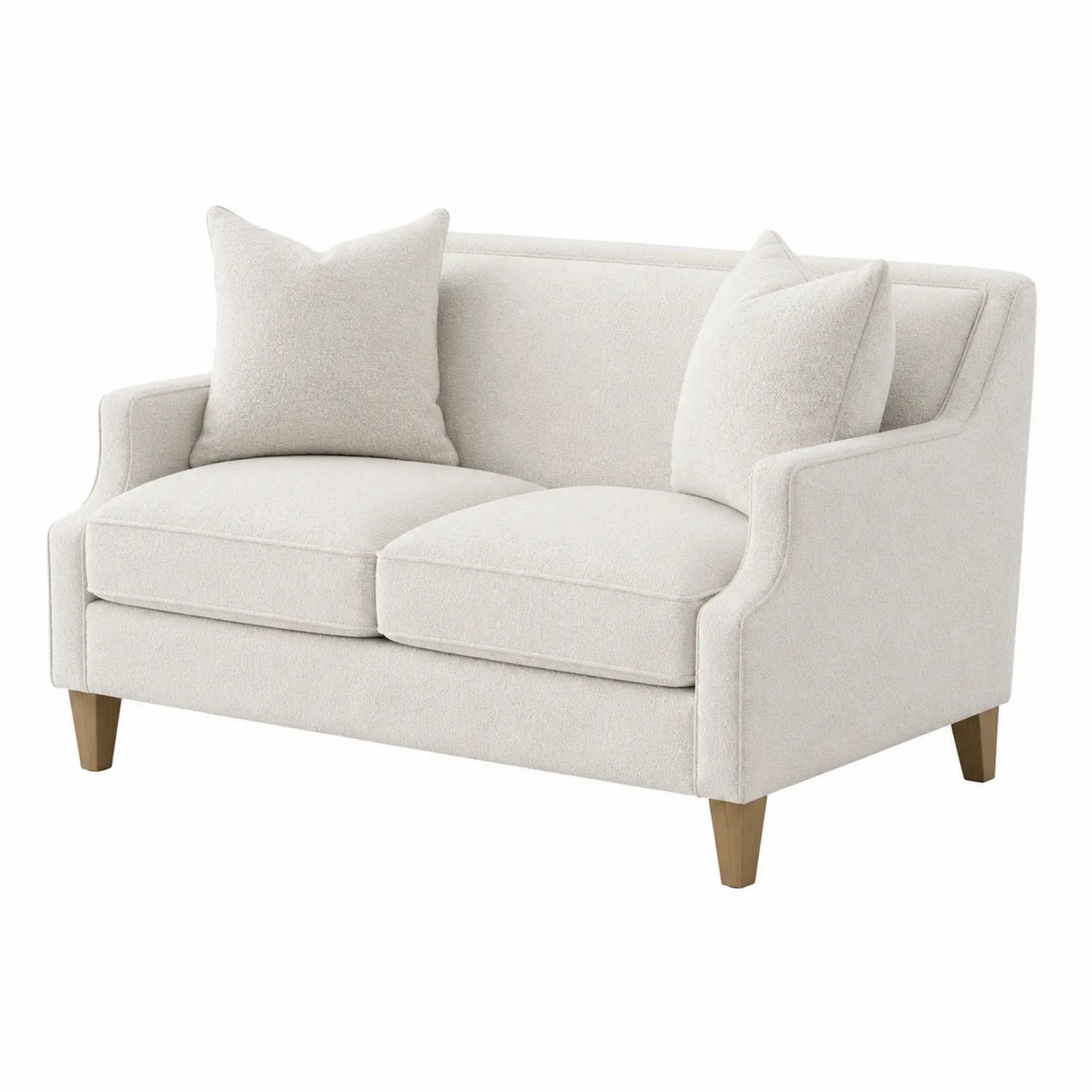 Sofa dwuosobowa z beżowej tkaniny z drewnianymi nogami