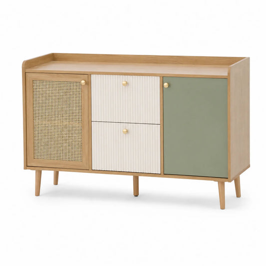 Komoda z drewna, rattanu i MDF z drzwiami i szufladami 120x40x80 cm