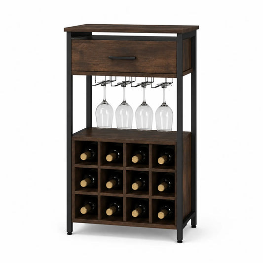 Drewniano-metalowy stojak na wino ciemnobrązowy 12 butelek