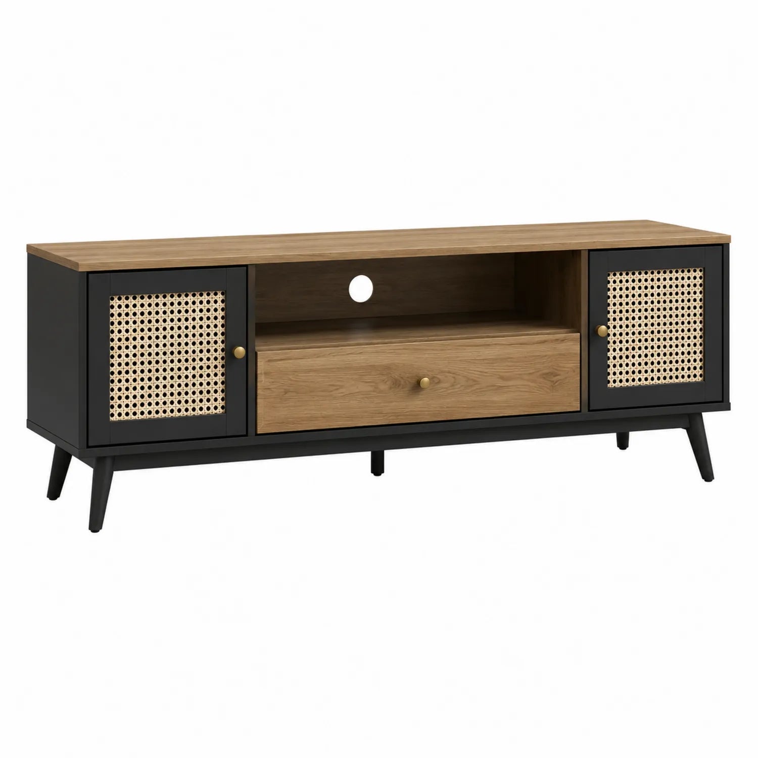 Szafka RTV z drewnem i rattanem czarna 120x40x50 cm