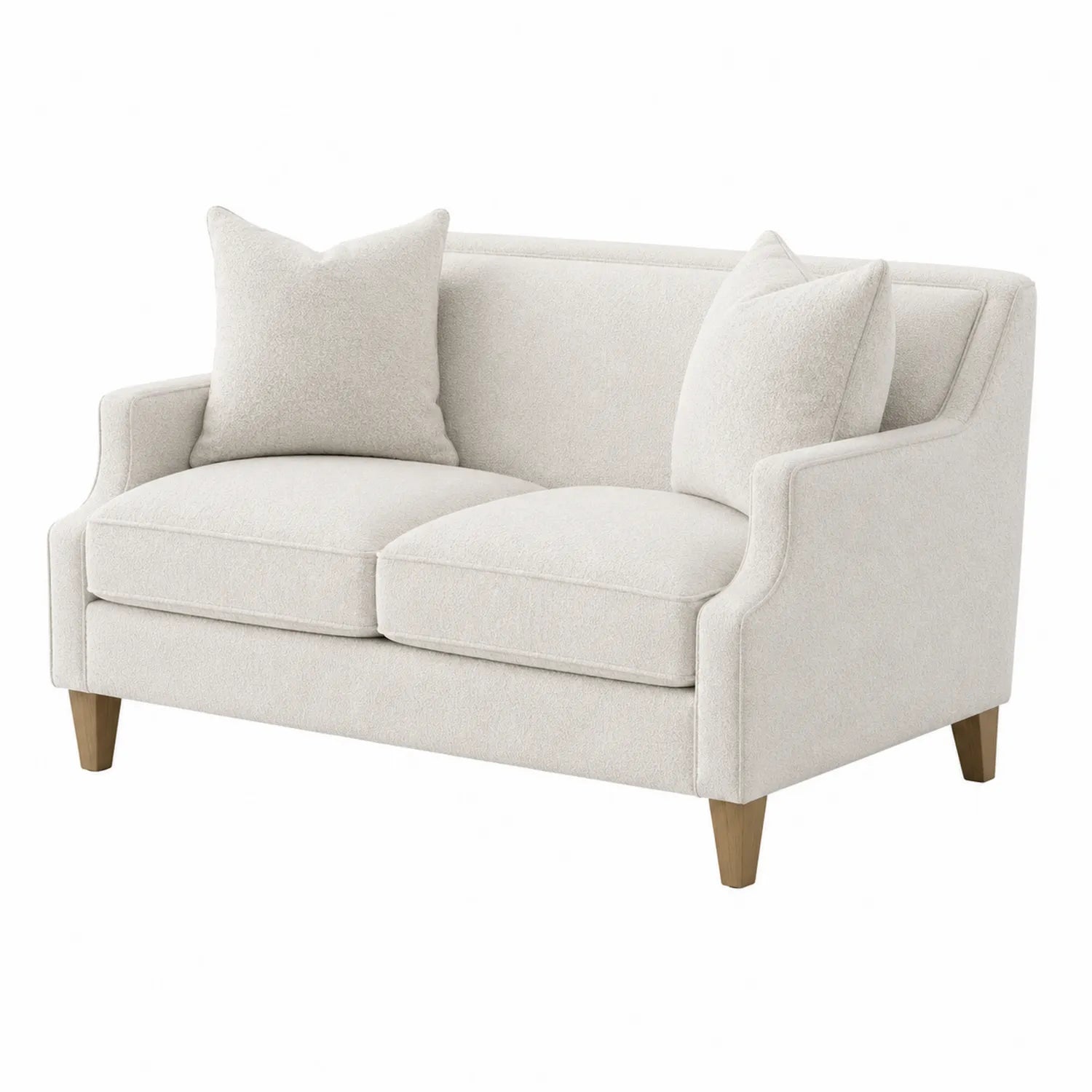 Sofa dwuosobowa z beżowej tkaniny z drewnianymi nogami